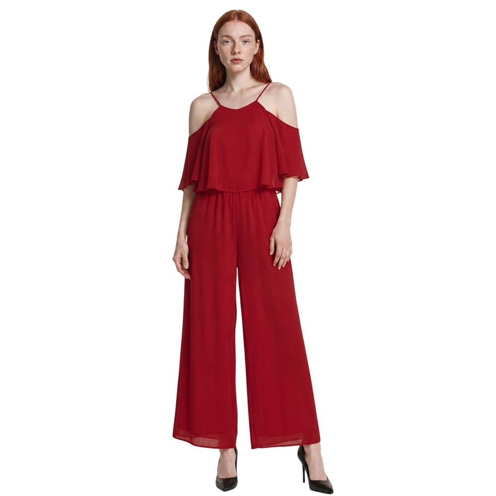 New MSK Red Jumpsuit Women's Size 14 Cold Shoulder Wide Leg Chiffon Style Setter